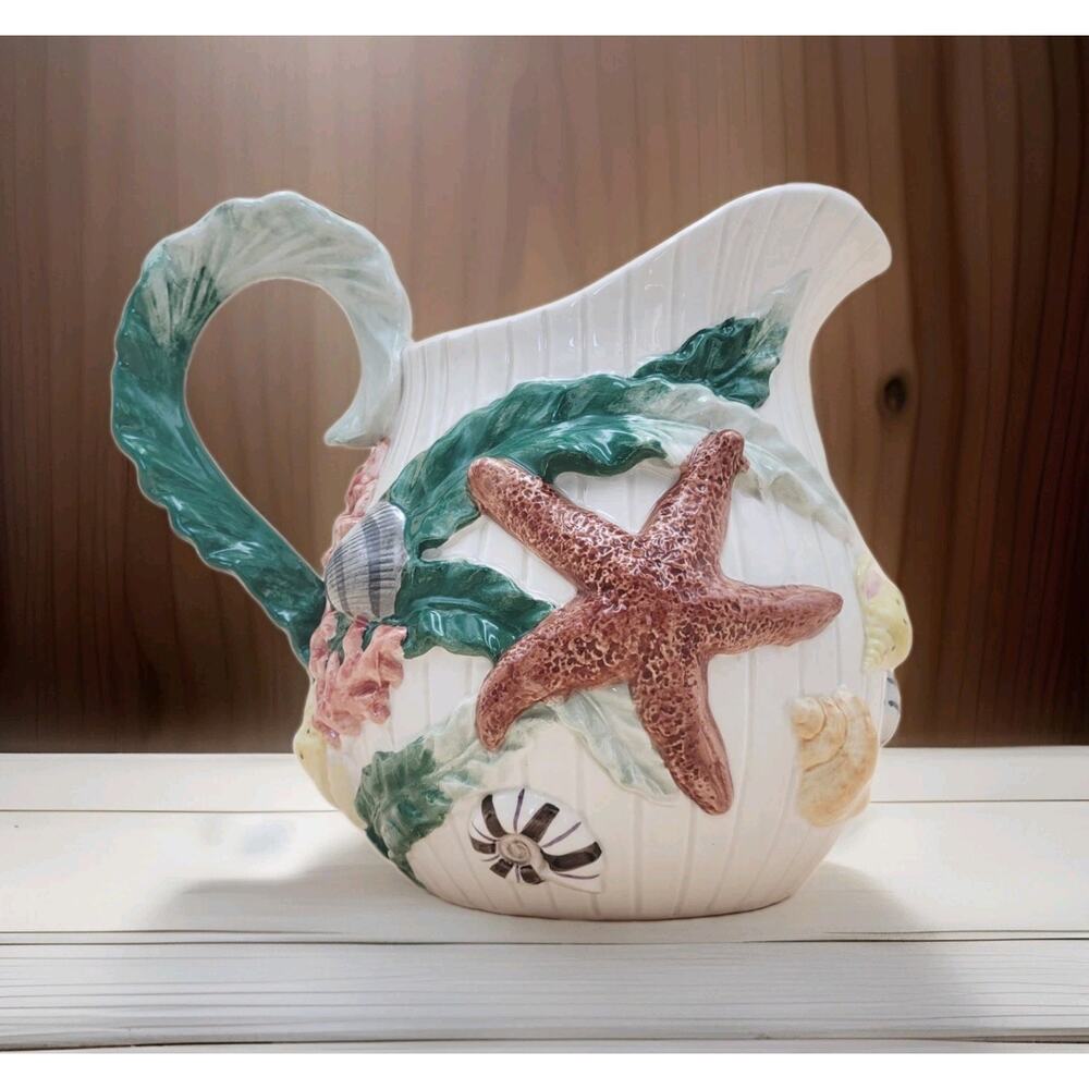 Vtg Fitz and Floyd Fish Market Pitcher 1992 Nautical Seashells Starfish 2.25 QT
